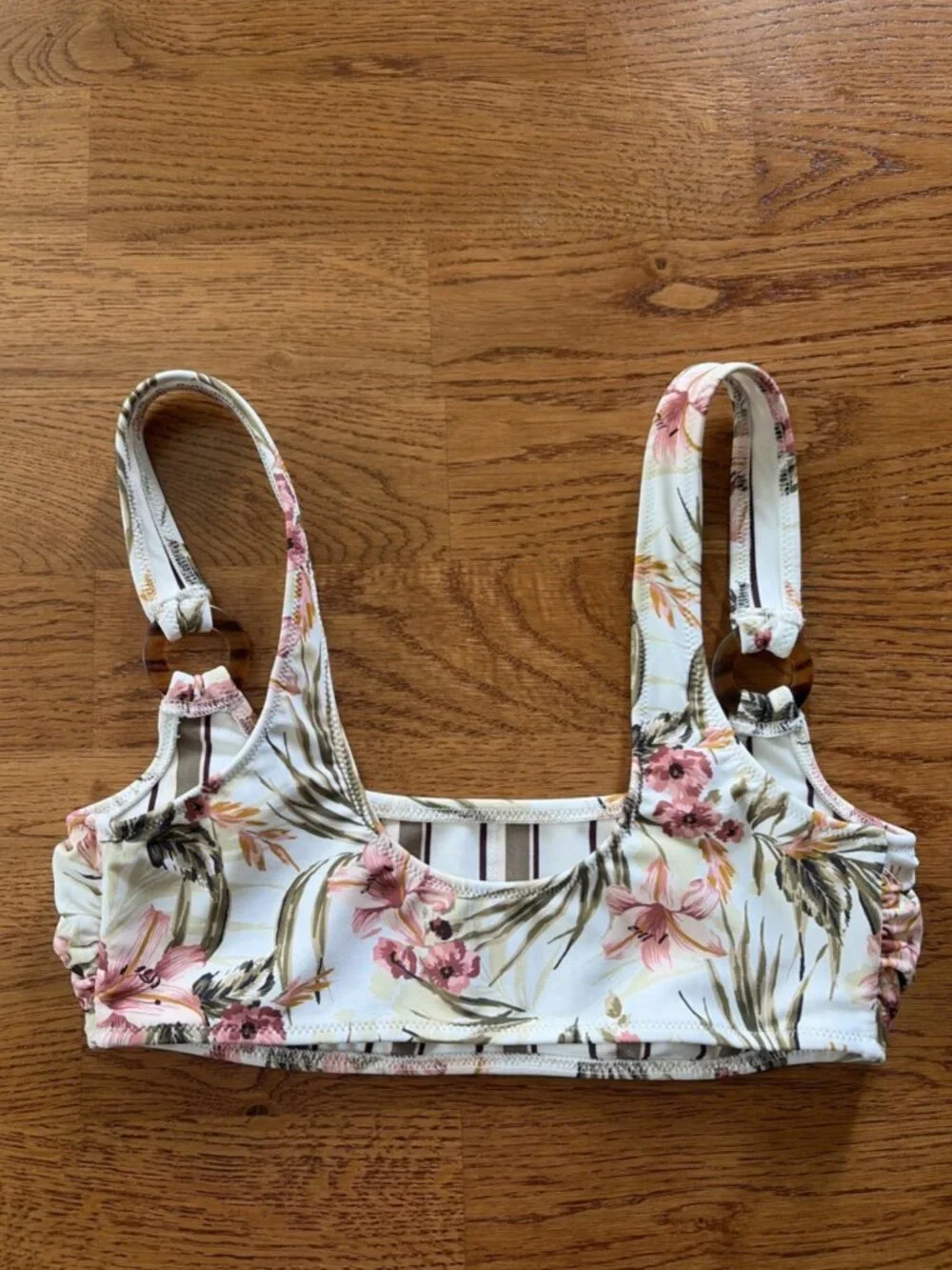 Abercrombie Fitch Bikini Top Swim XS Scoop Ring Women Ivory Pink Tropical Floral